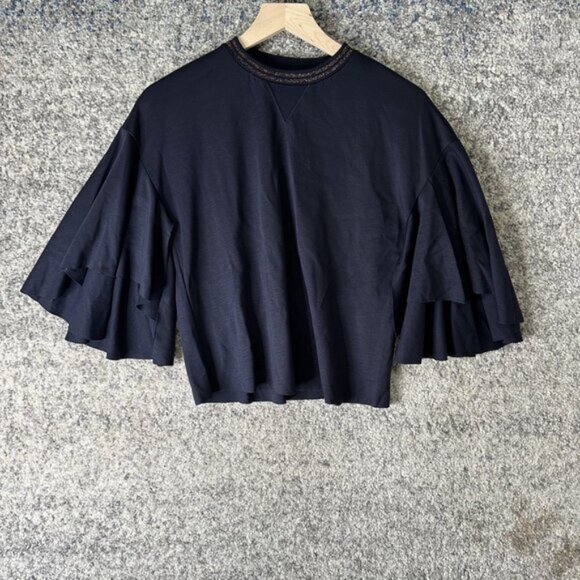 Ted Baker Shirt Womens XS Navy Emilaya Ruffle Flutter Bell Sleeve Metallic Trim - Picture 1 of 7